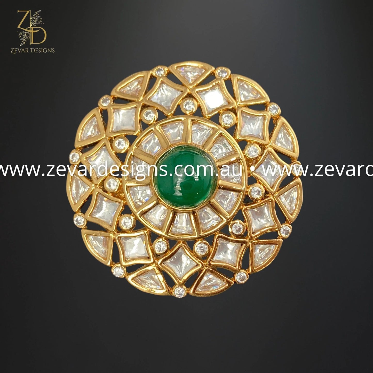 Zevar Designs Rings Designer Kundan Polki Ring - Green