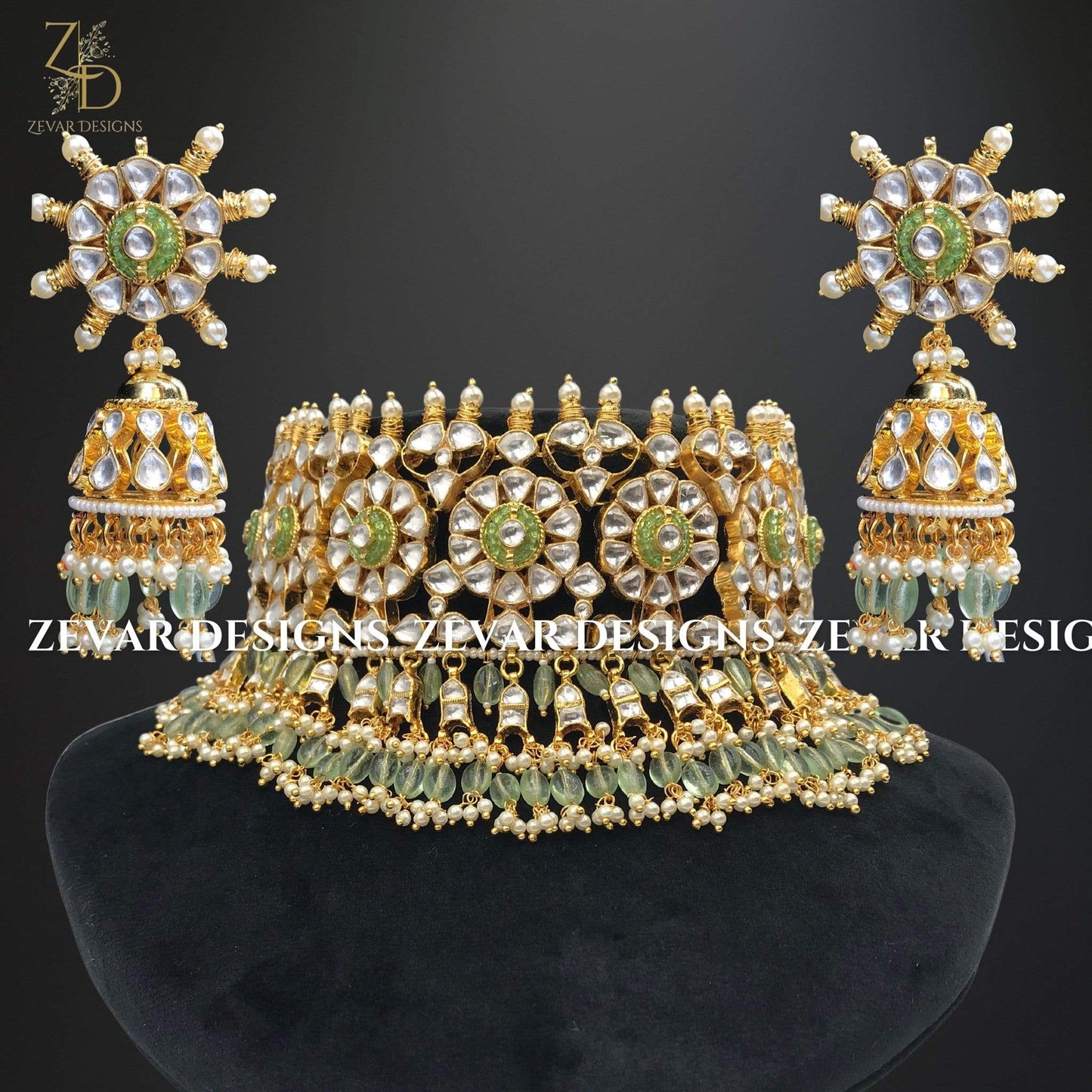 Zevar Designs Kundan Choker Designer Pachi Kundan Choker Set - Mint