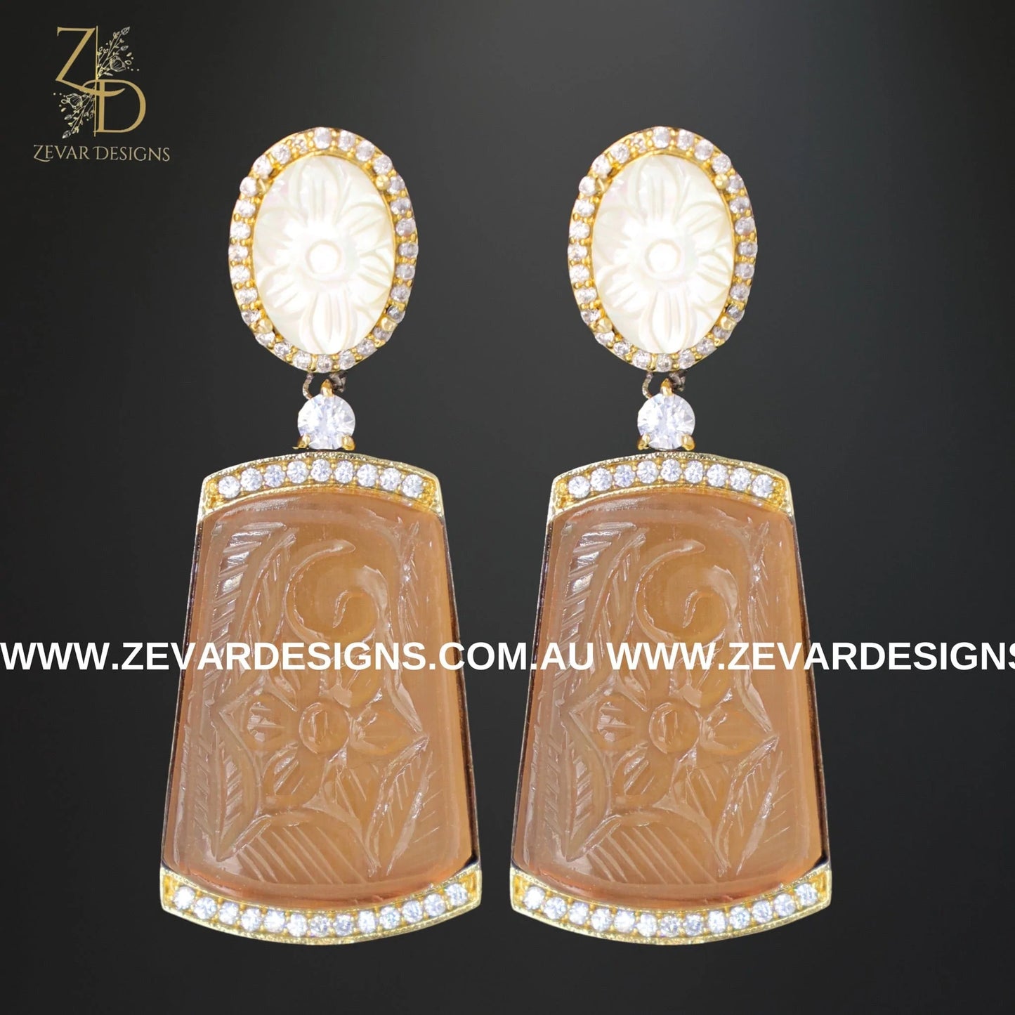 Zevar Designs Fusion-Amrapali Kundan AD Earrings with Carved stone - Peach