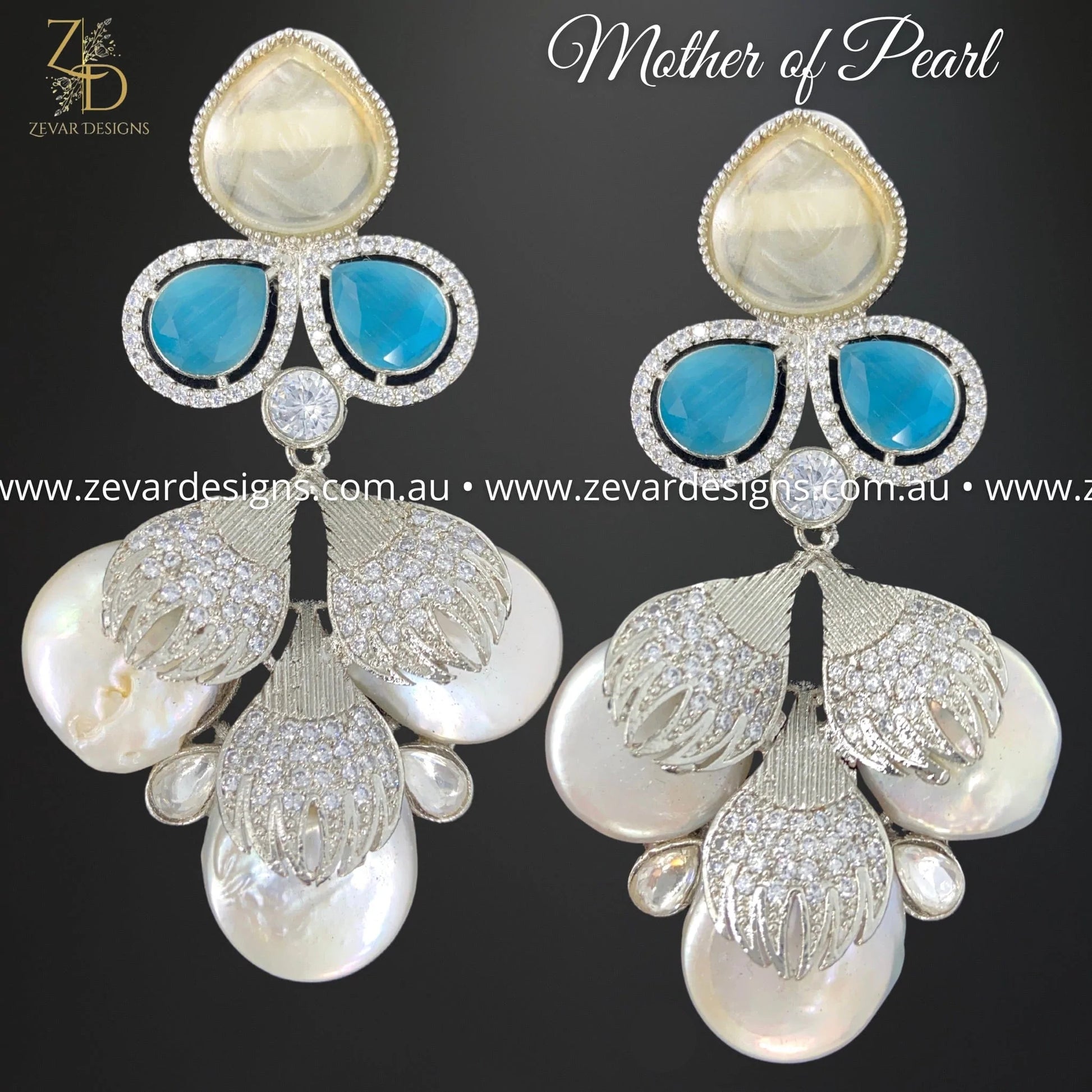 Zevar Designs Fusion-Amrapali Kundan AD Earrings with Mother of Pearl - Aqua Blue