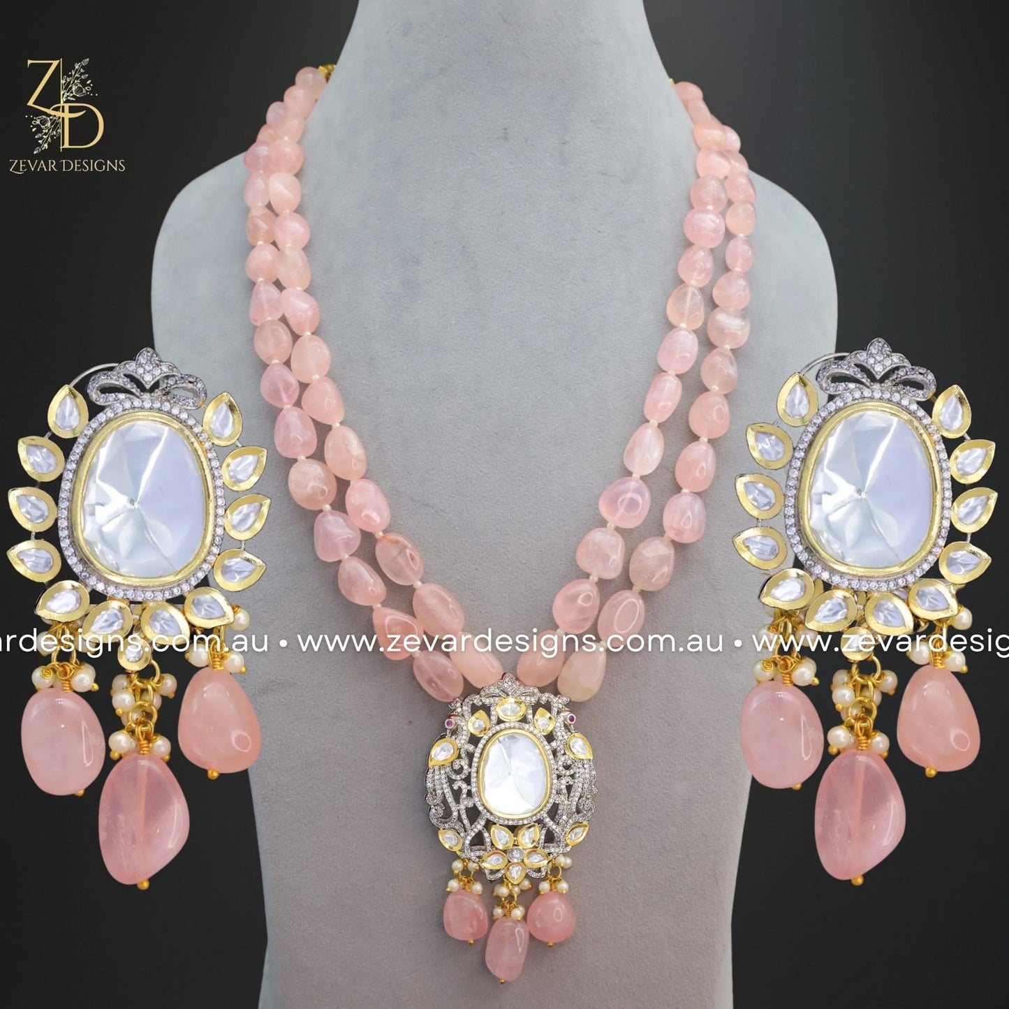 Zevar Designs Long Necklace Sets Kundan and AD Dual Finish Long Set - Pink