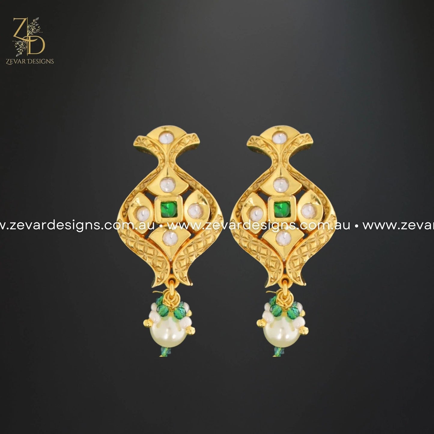 Zevar Designs Long Necklace Sets Kundan and AD Pendant Set in Emerald Green