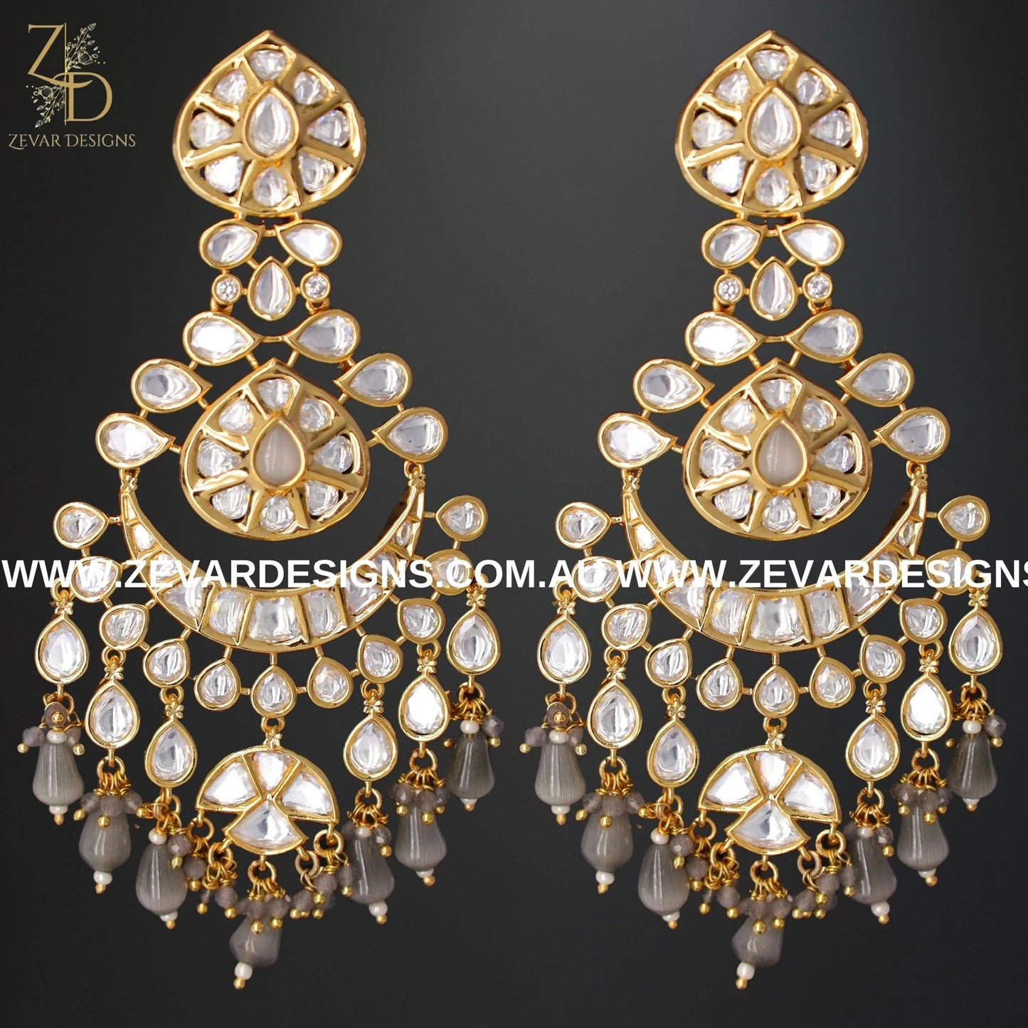 Zevar Designs Designer Kundan Earrings Kundan Chandbali Earrings - Grey