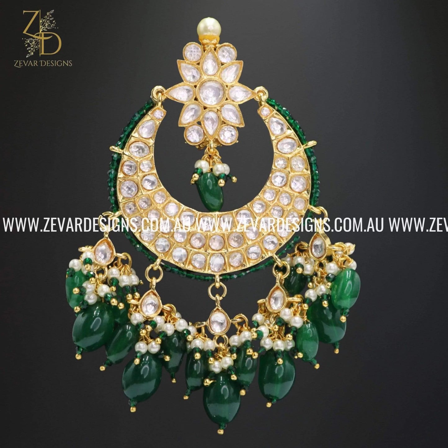 Zevar Designs Kundan Earrings Kundan Chandbali with Green Drops