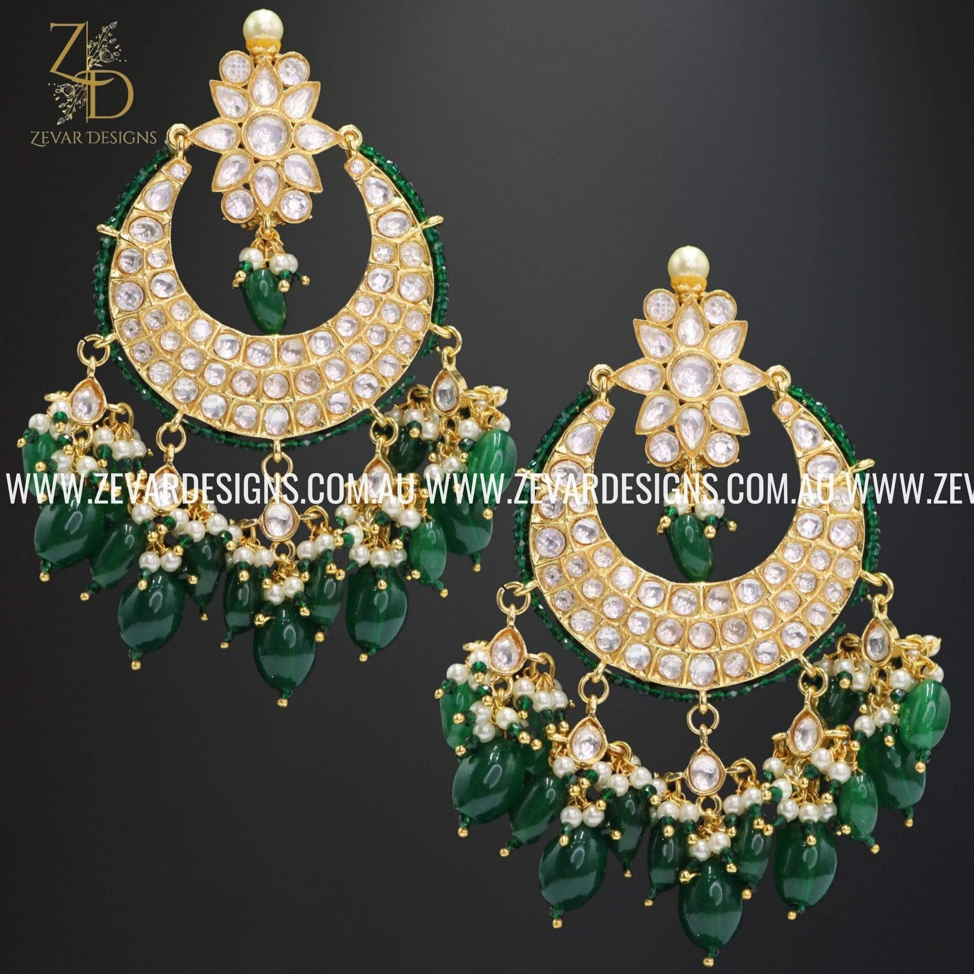 Zevar Designs Kundan Earrings Kundan Chandbali with Green Drops