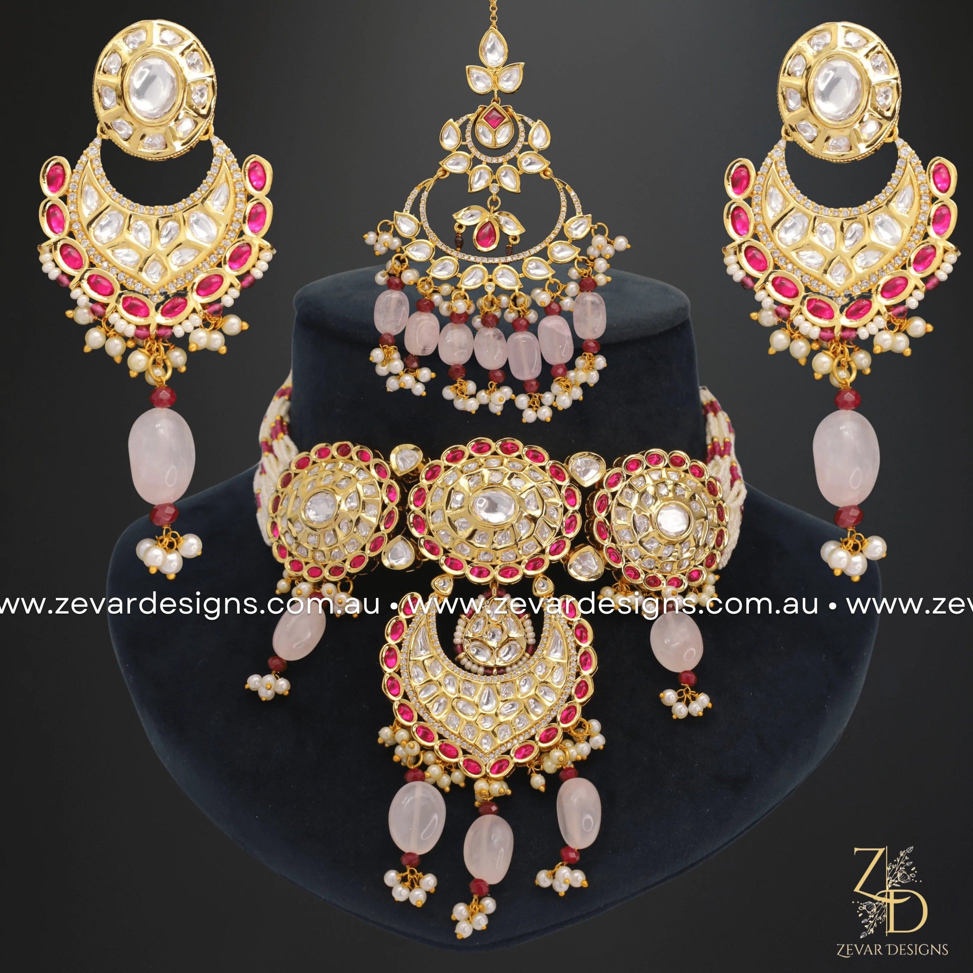 Zevar Designs Necklace Sets Kundan Choker Set - Red & Pink Drops