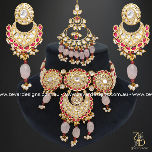 Zevar Designs Necklace Sets Kundan Choker Set - Red & Pink Drops