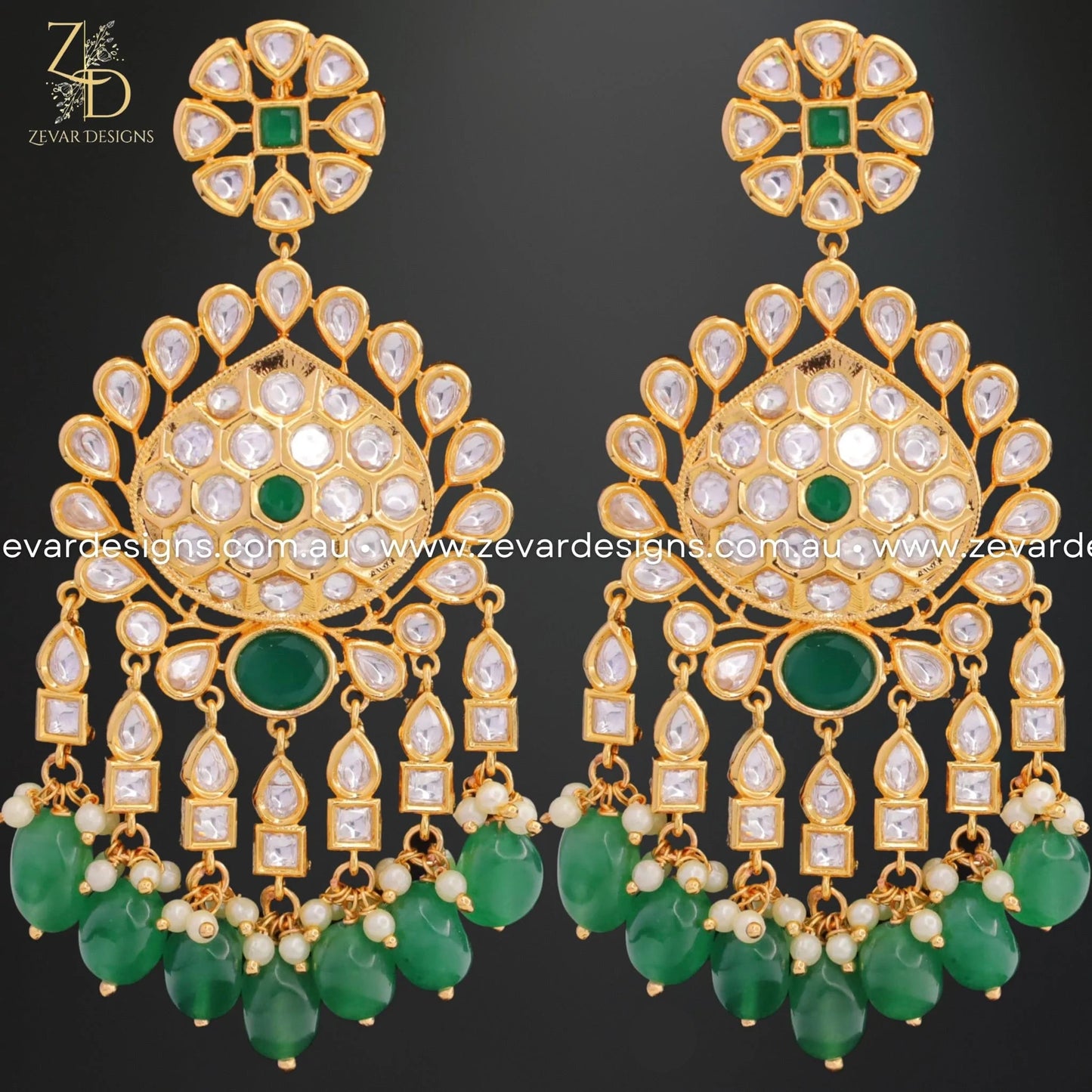 Zevar Designs Designer Earrings Kundan Earrings - Green