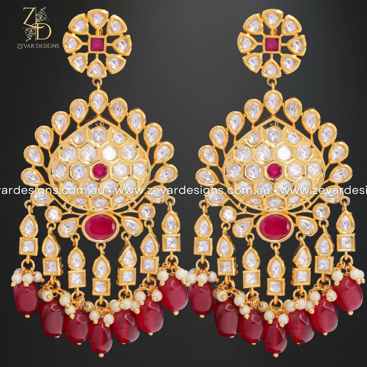 Zevar Designs Designer Earrings Kundan Earrings - Red