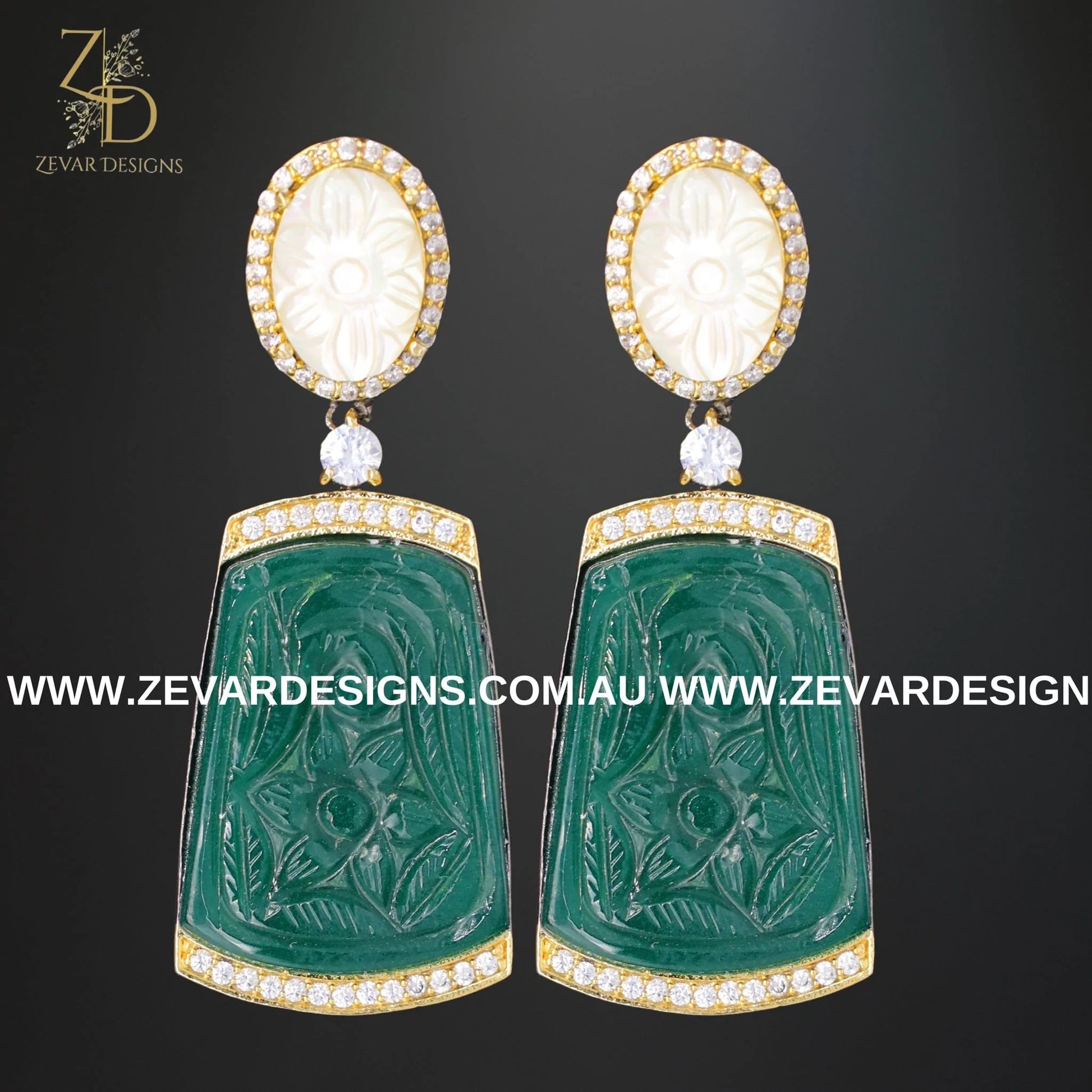 Zevar Designs Fusion-Amrapali Kundan Earrings with Carved stone - Green