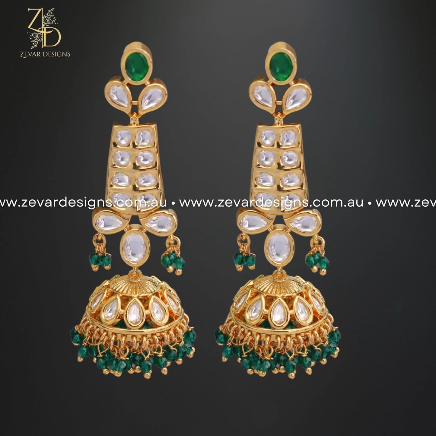 Zevar Designs Kundan Earrings Kundan Jhumki - Green Beads