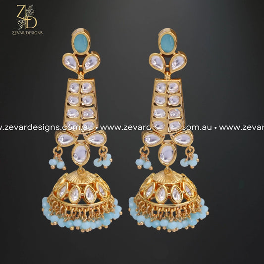 Zevar Designs Kundan Earrings Kundan Jhumki - Sky Blue Beads