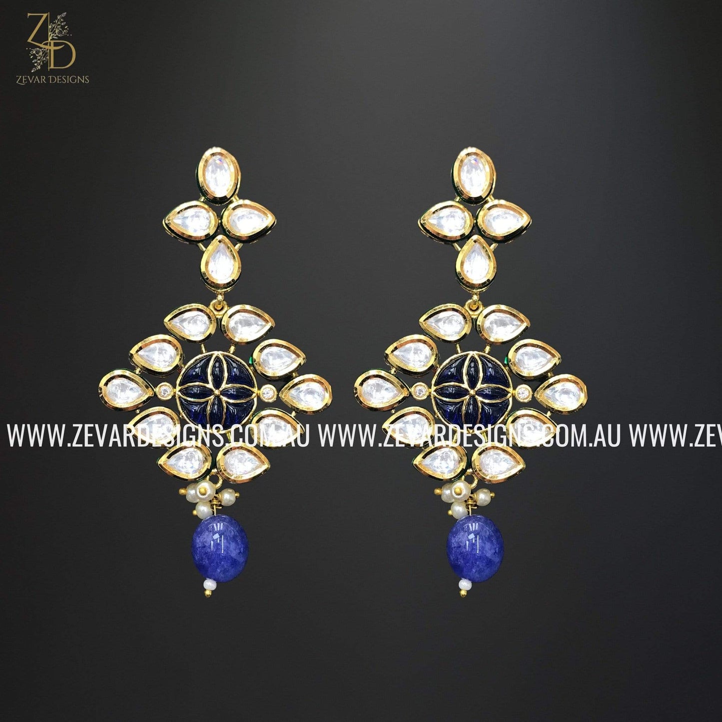 Zevar Designs Necklace Sets Kundan Long set - Pearl White and Blue