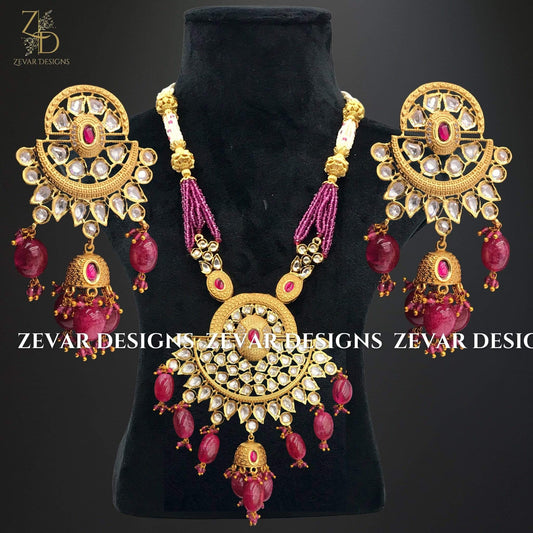 Zevar Designs Kundan Long Set Kundan Long Set with Ruby Red Drops