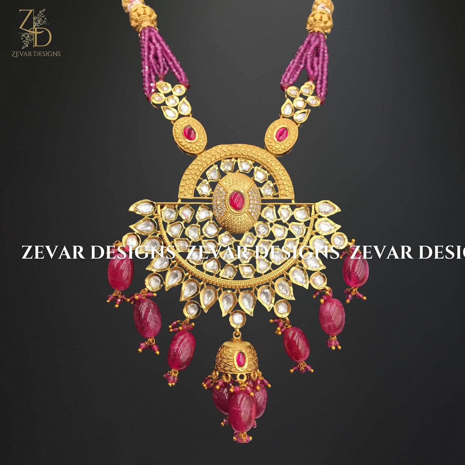 Zevar Designs Kundan Long Set Kundan Long Set with Ruby Red Drops