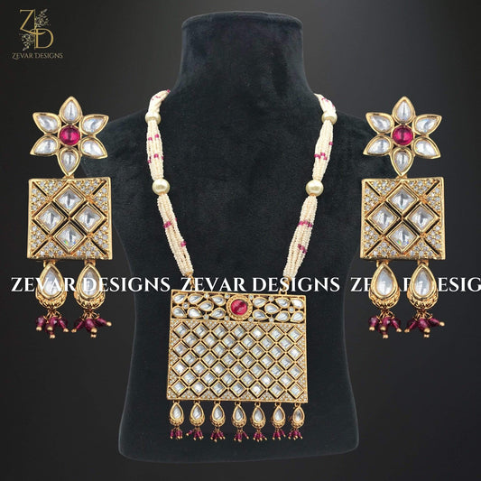 Zevar Designs Kundan Long Set Kundan Long Set with Oversize Square Pendant