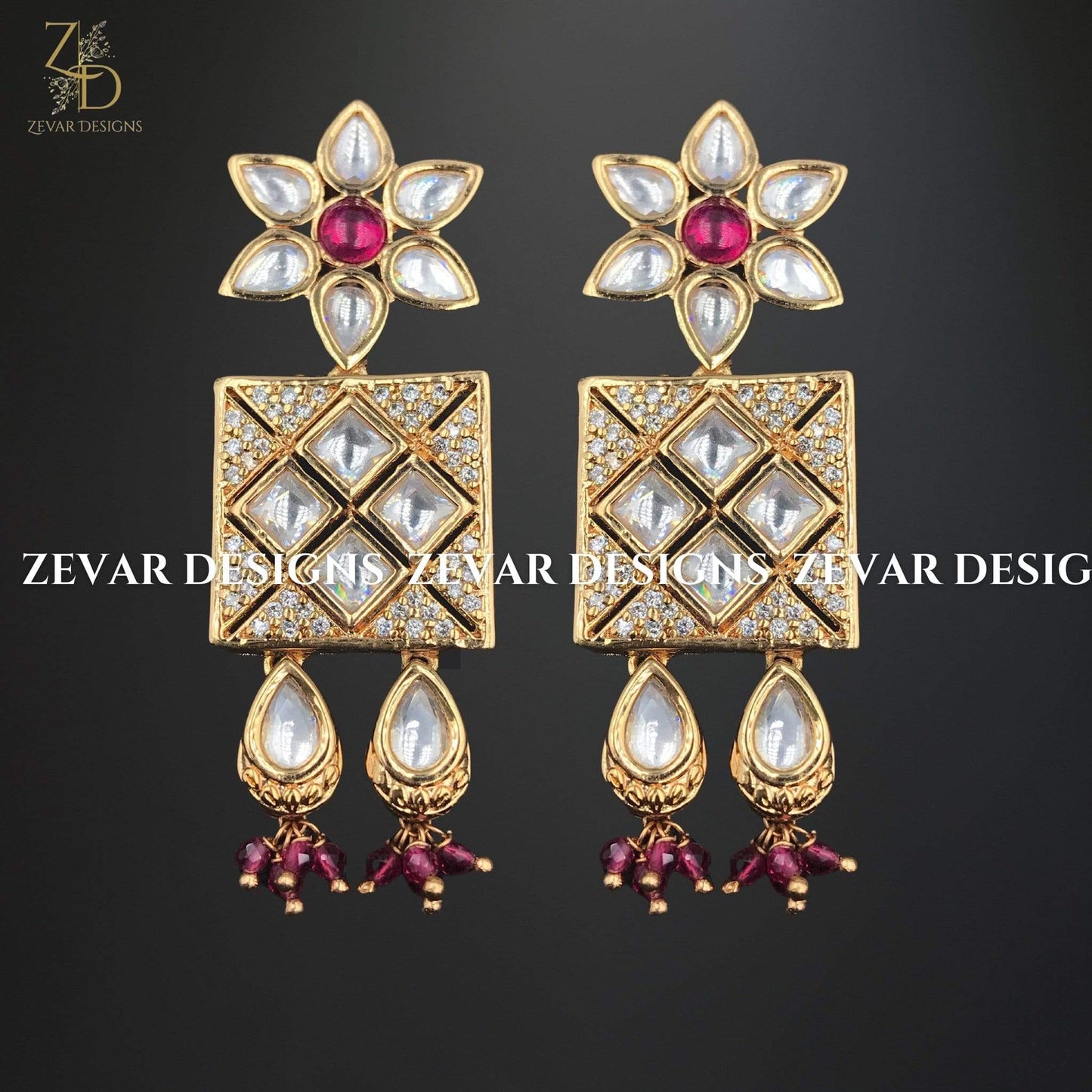 Zevar Designs Kundan Long Set Kundan Long Set with Oversize Square Pendant