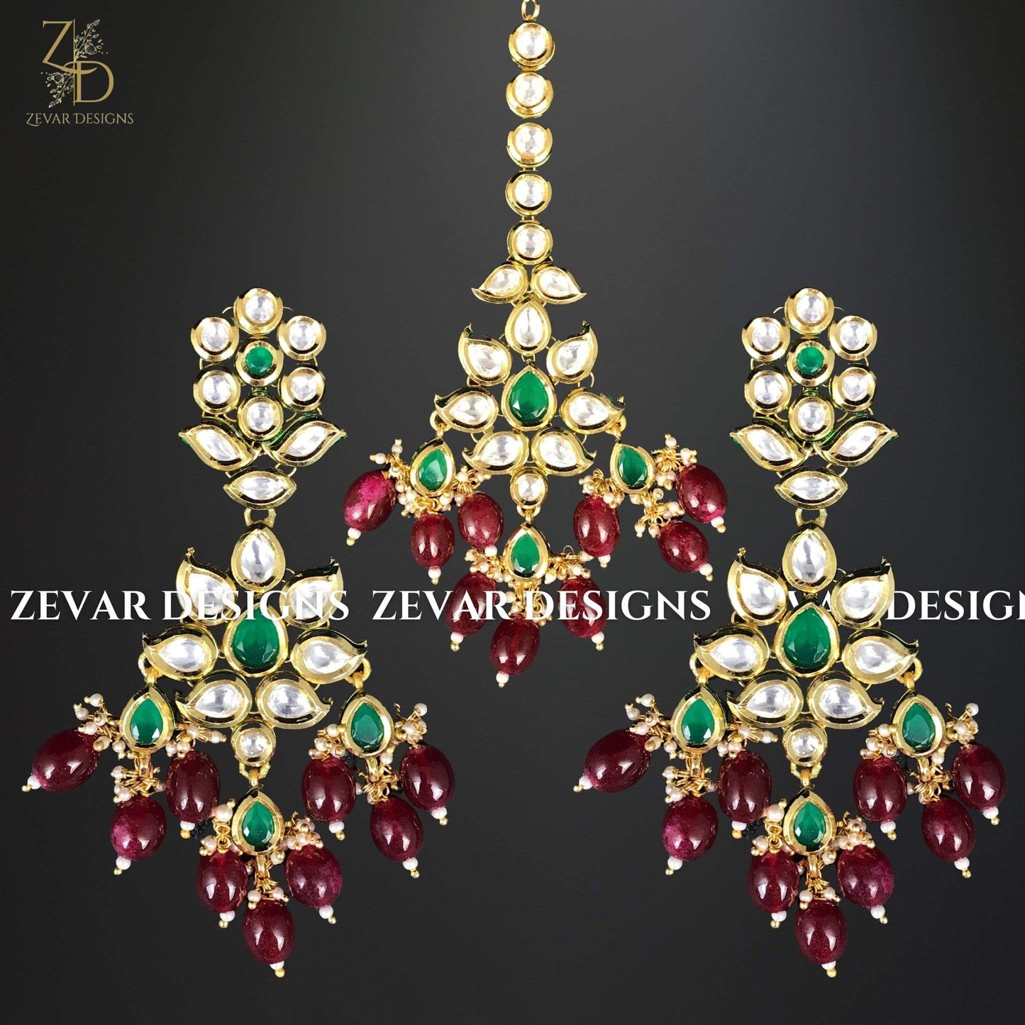 Zevar Designs Kundan Long Set Kundan Long Set with Tikka and Oversize Pendant - Ruby and Green