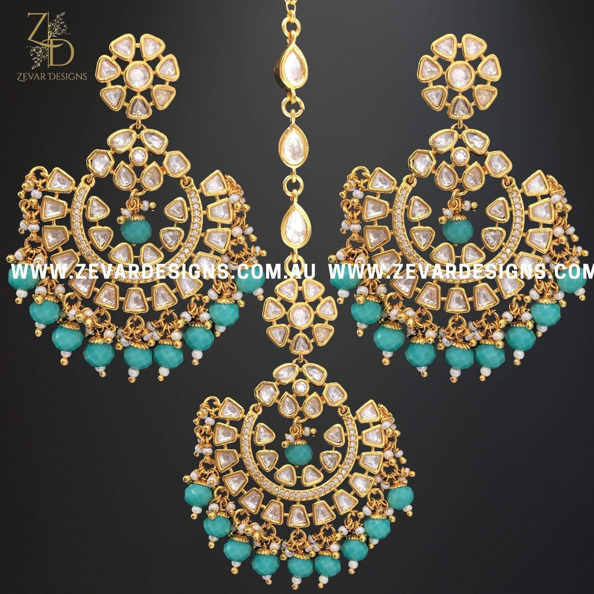 Zevar Designs Kundan Maang Tikka Kundan Maang Tikka Set - Mint Green