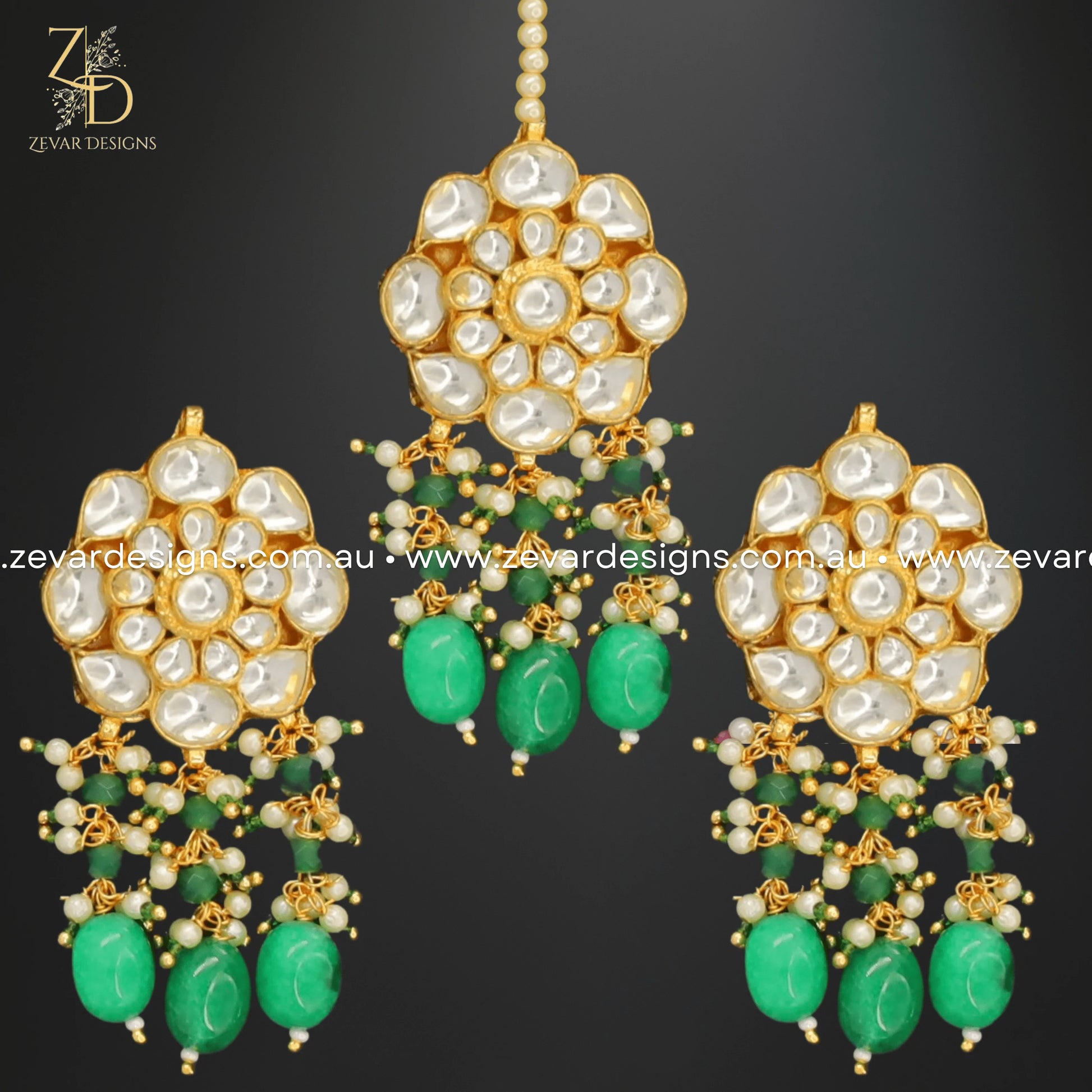 Zevar Designs Maang Tikka Set Kundan Maang Tikka Set - Green