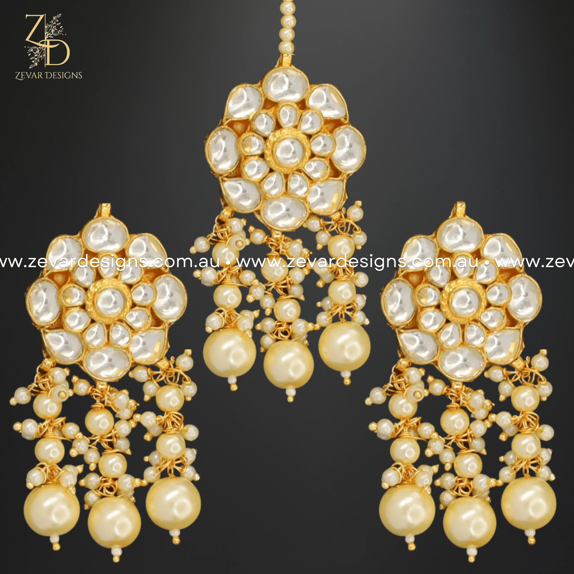 Zevar Designs Maang Tikka Set Kundan Maang Tikka Set - Pearls