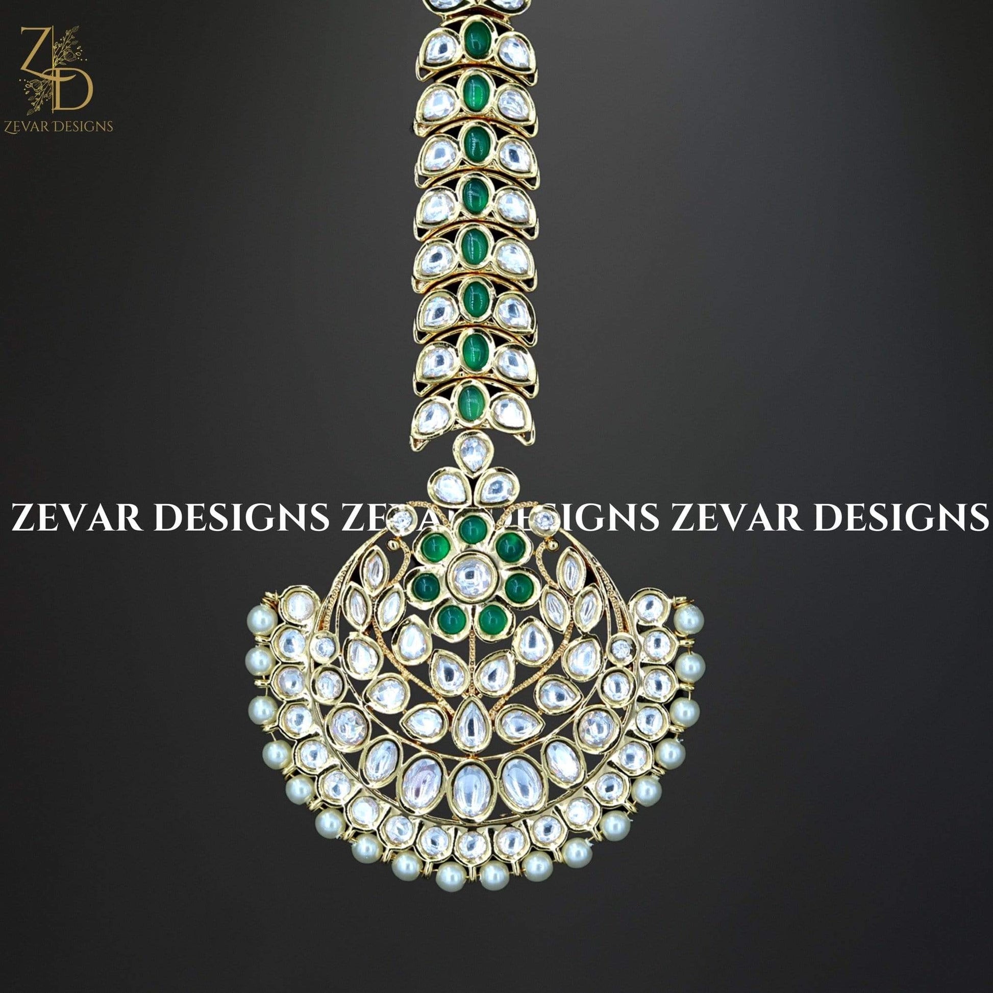 Zevar Designs Kundan Maang Tikka Kundan Maang Tikka Set with Green Drops