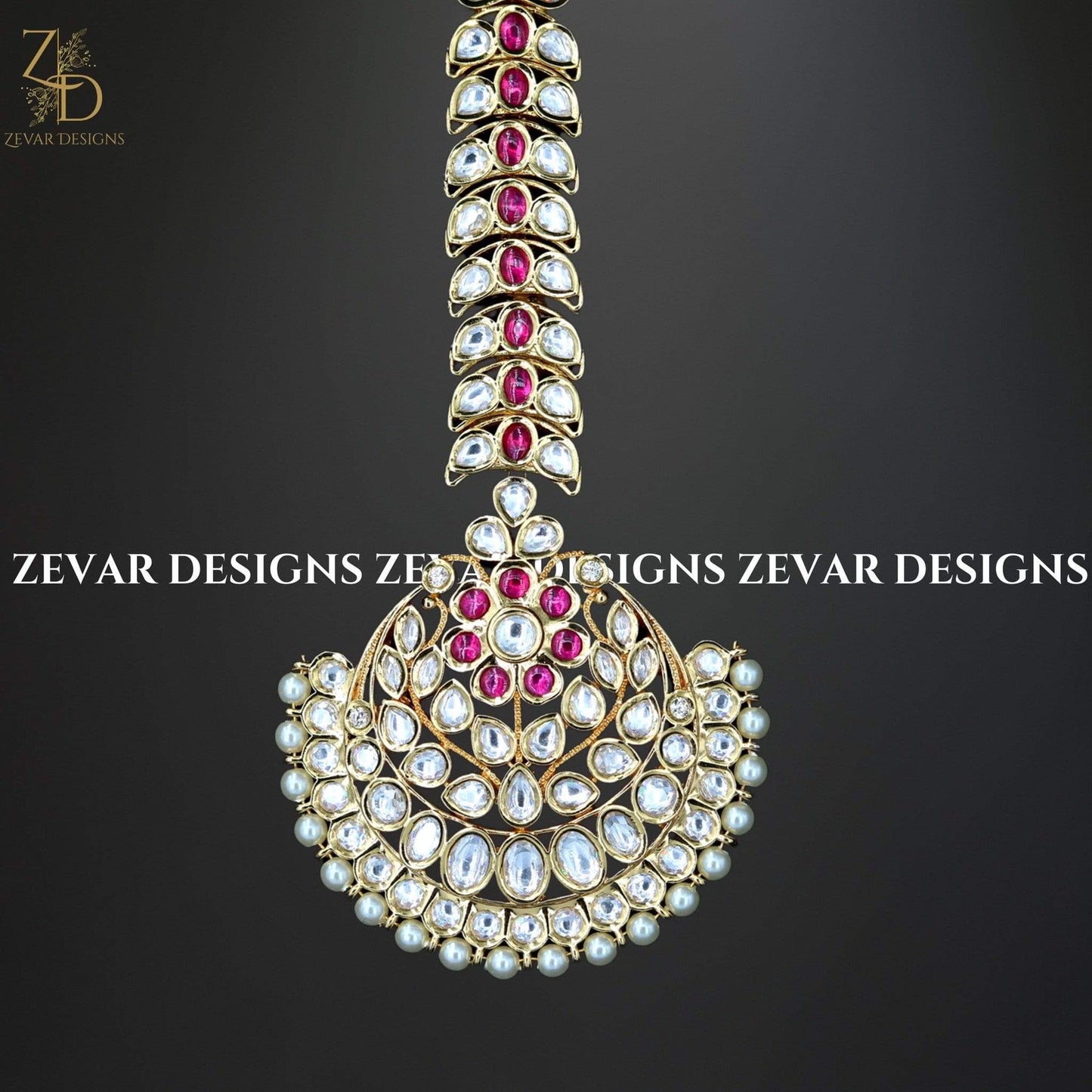 Zevar Designs Kundan Maang Tikka Kundan Maang Tikka Set with Ruby Red Drops