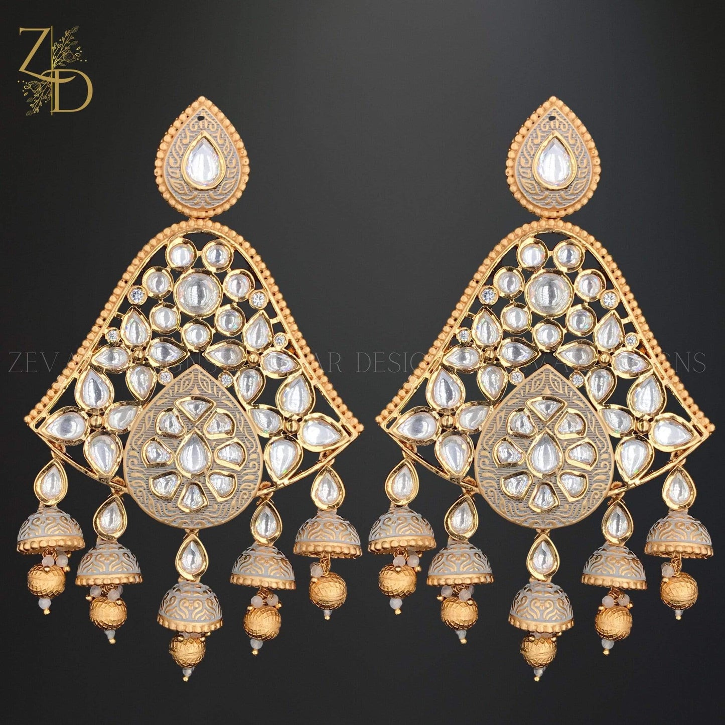 Zevar Designs Kundan Earrings Kundan Meena Earrings - Grey