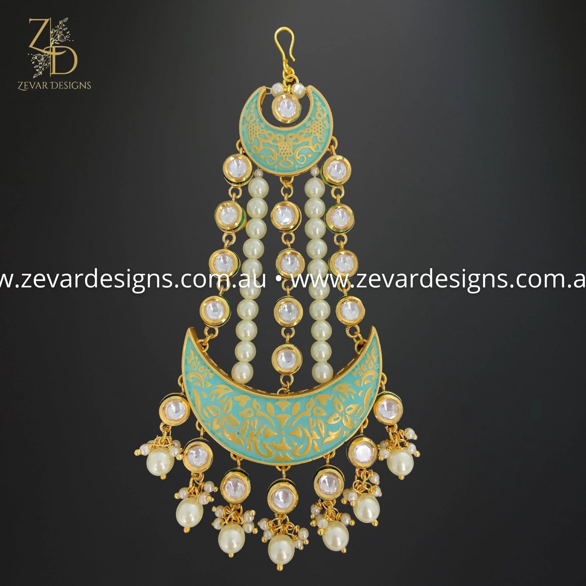 Zevar Designs Tikka and Jhoomer Kundan Meenakari Pasa / Jhoomer - Mint