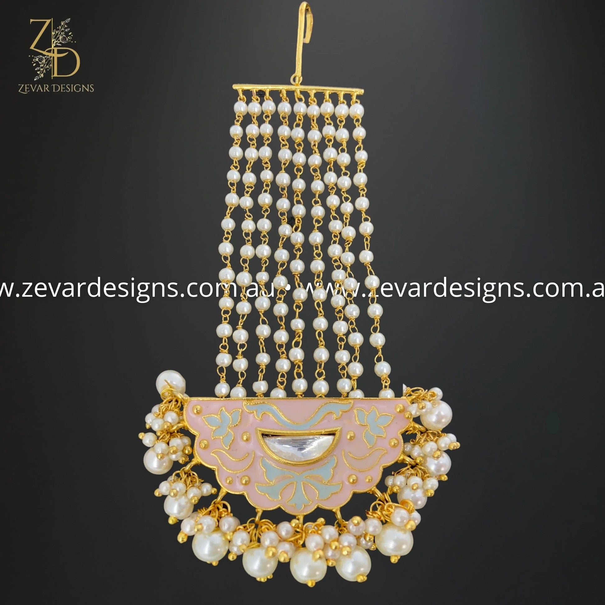 Zevar Designs Tikka and Jhoomer Kundan Meenakari Pasa / Jhoomer - Pink/Peach