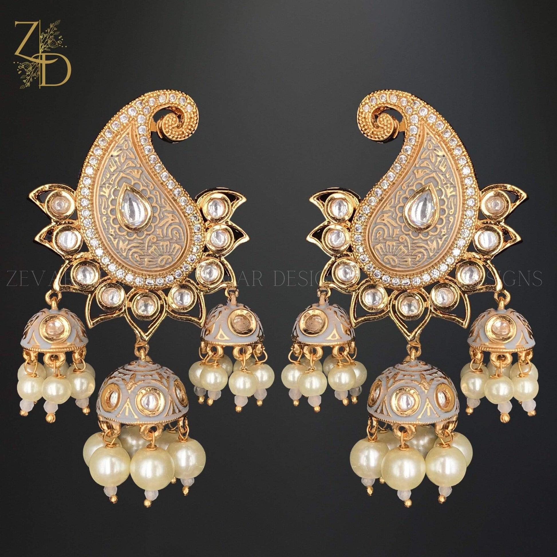 Zevar Designs Kundan Earrings Kundan Paisley Jhumki - Grey