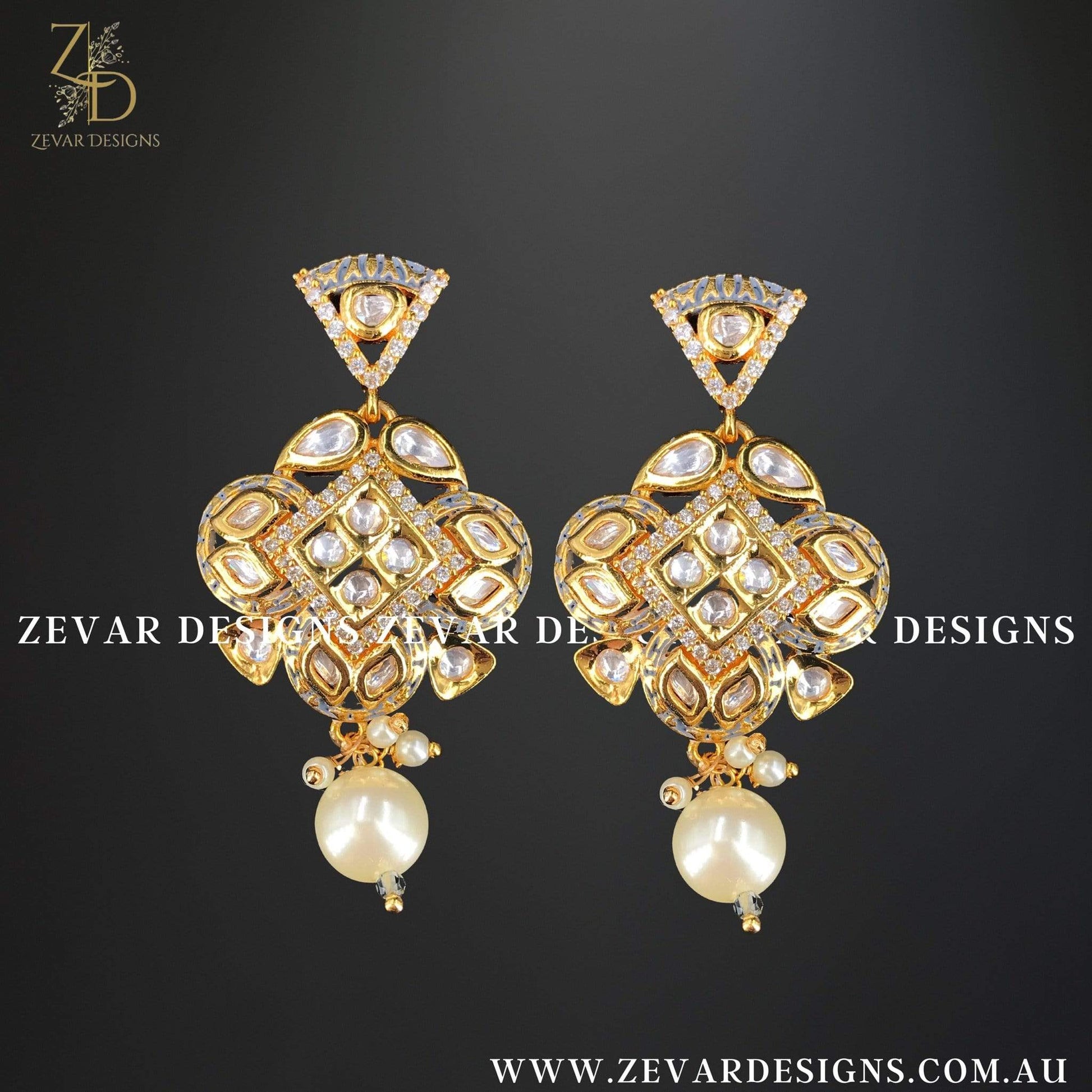 Zevar Designs Kundan Long Set Kundan Pendant Set in Pearl and Grey Meena