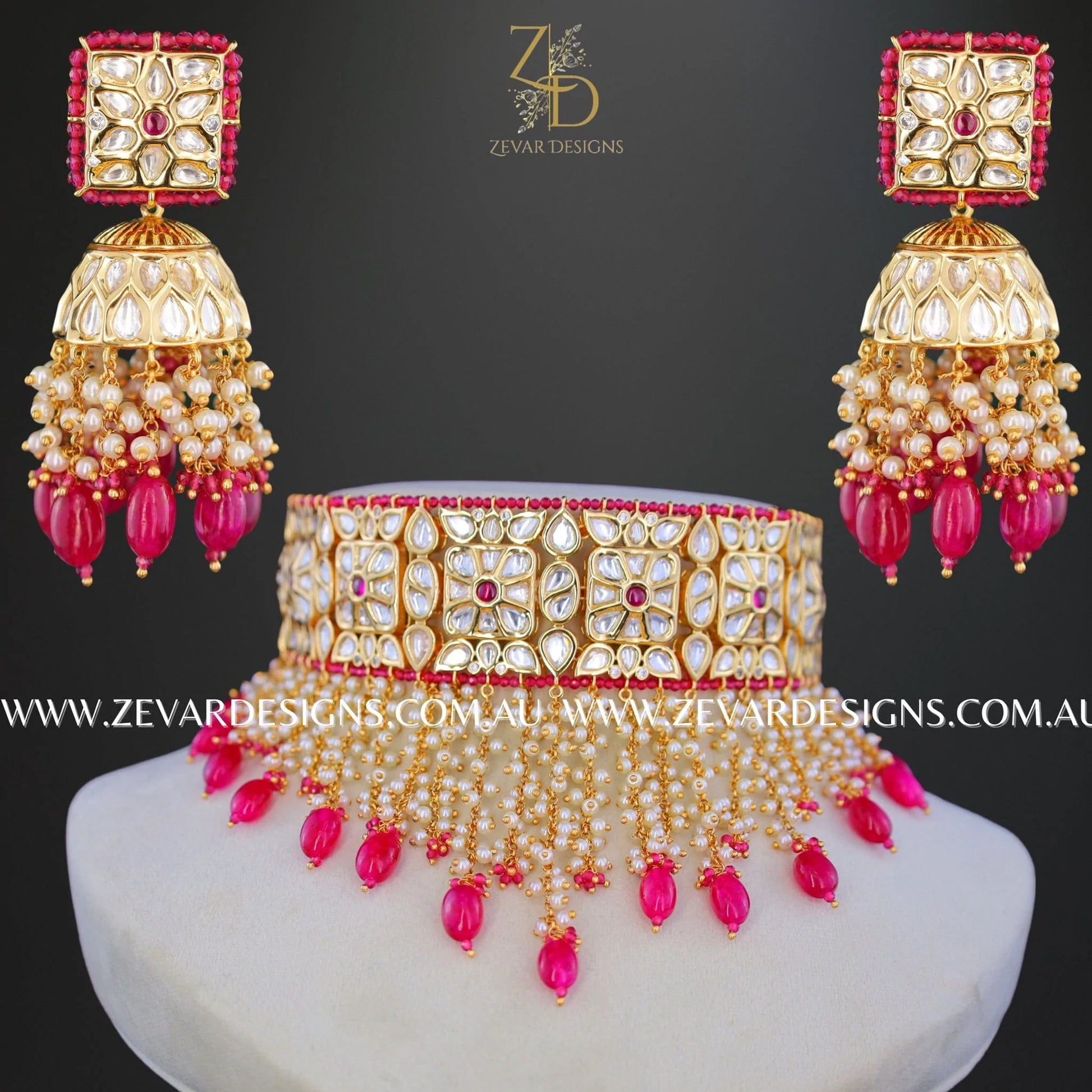 Zevar Designs Designer Necklace Sets Kundan Polki AD Necklace Set In Ruby Red