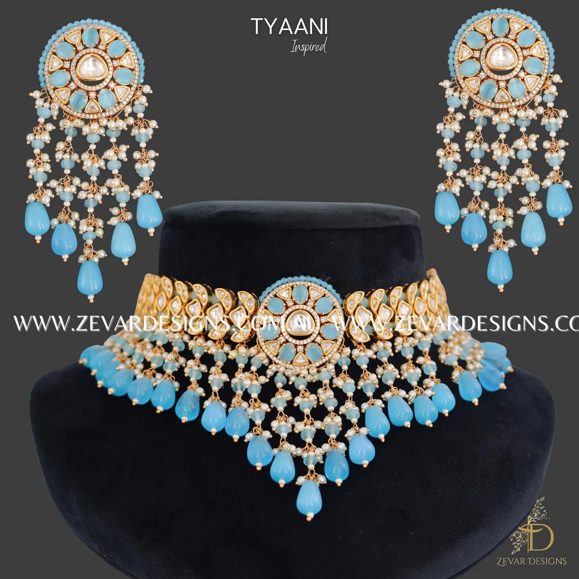 Zevar Designs Designer Necklace Sets Kundan Polki Choker Set - Blue