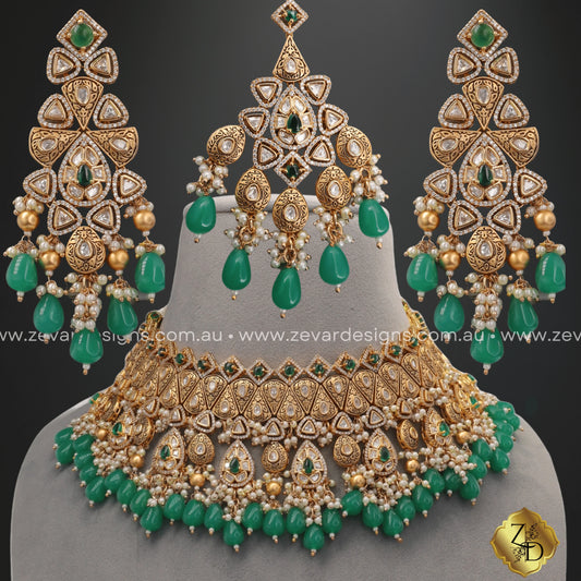 Zevar Designs Designer Necklace Sets Kundan Polki Choker Set with Tikka - Green