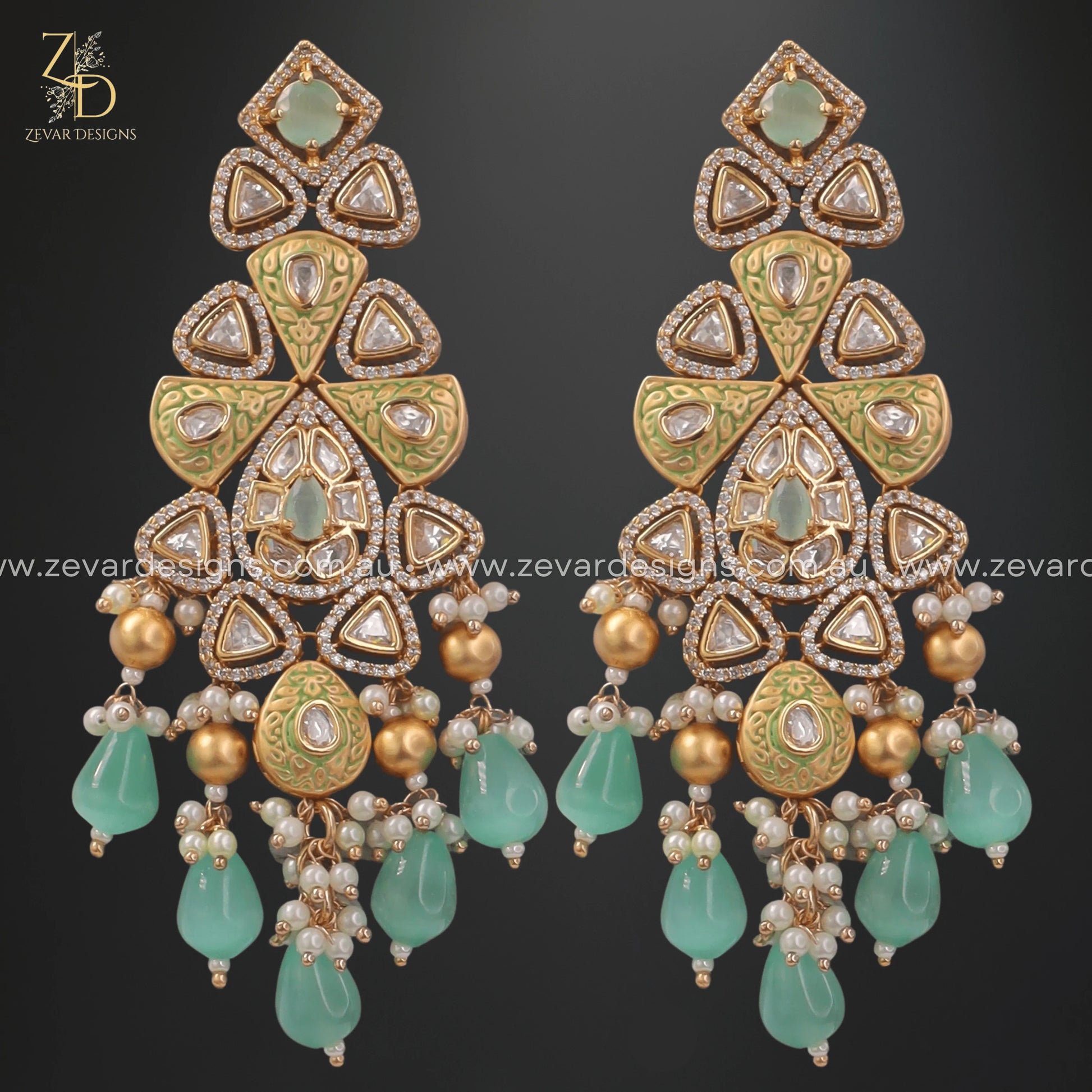 Zevar Designs Designer Necklace Sets Kundan Polki Choker Set with Tikka - Mint