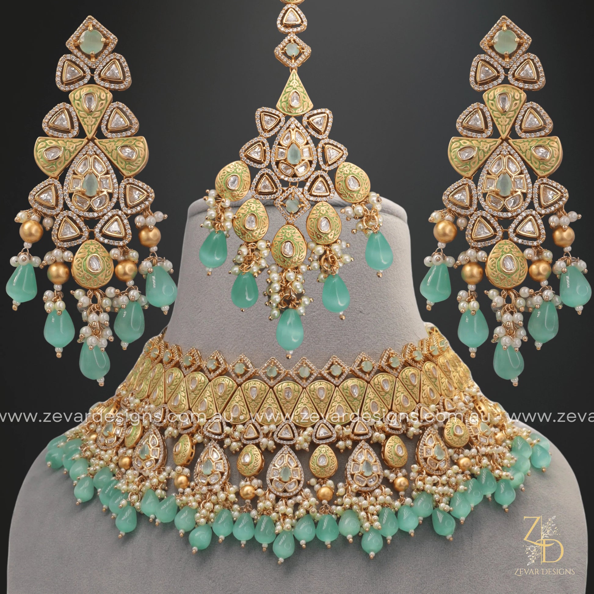 Zevar Designs Designer Necklace Sets Kundan Polki Choker Set with Tikka - Mint