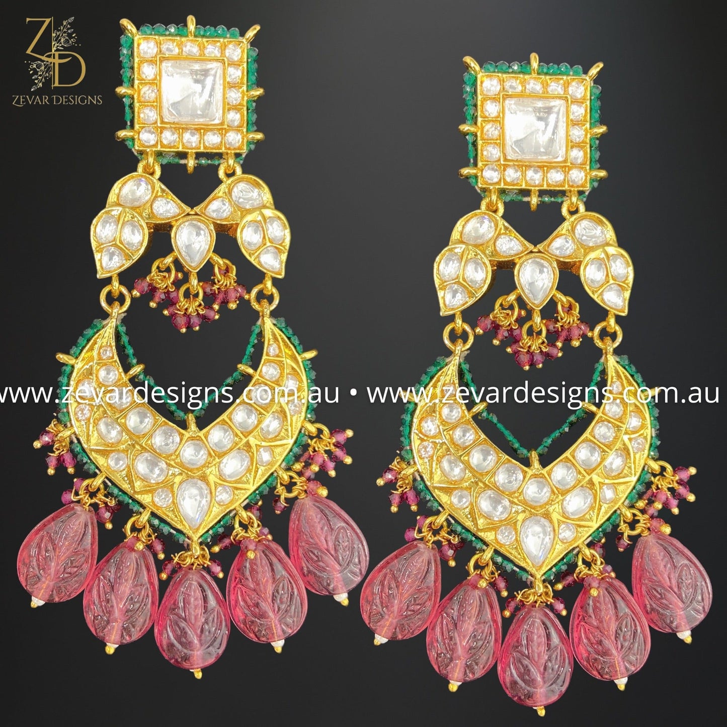 Zevar Designs Kundan Earrings Kundan Polki Earrings in Wine Red