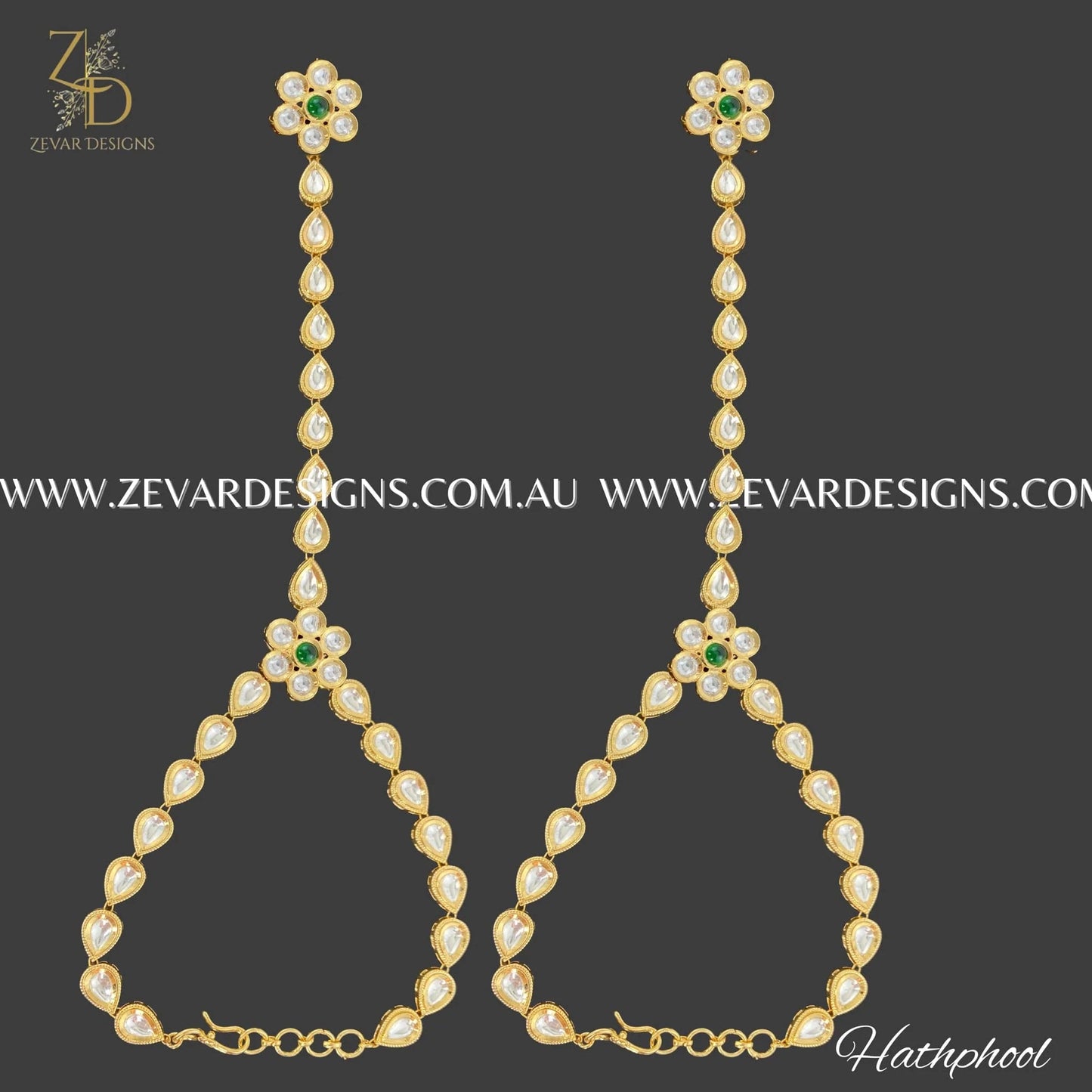 Zevar Designs Accessories Kundan Polki Hathphool - Green