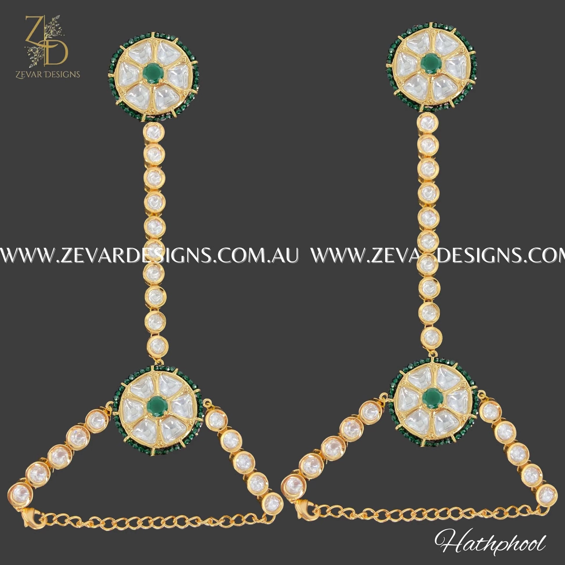 Zevar Designs Accessories Kundan Polki Hathphool - Green