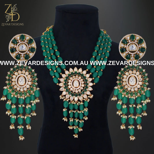 Zevar Designs Long Necklace Sets Kundan Polki Long Set - Emerald Green and Rose Gold