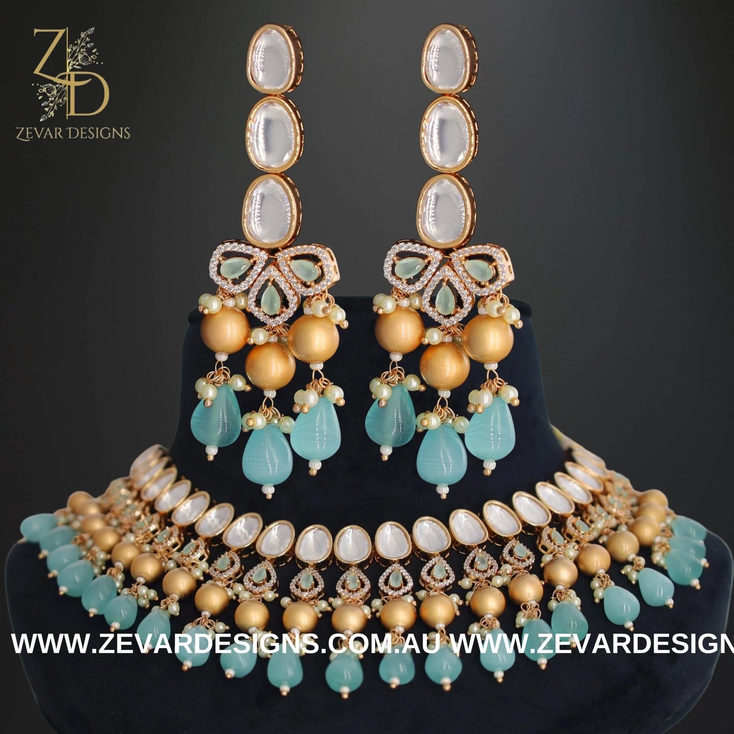 Zevar Designs Necklace Sets Kundan Polki Necklace Set - Aqua