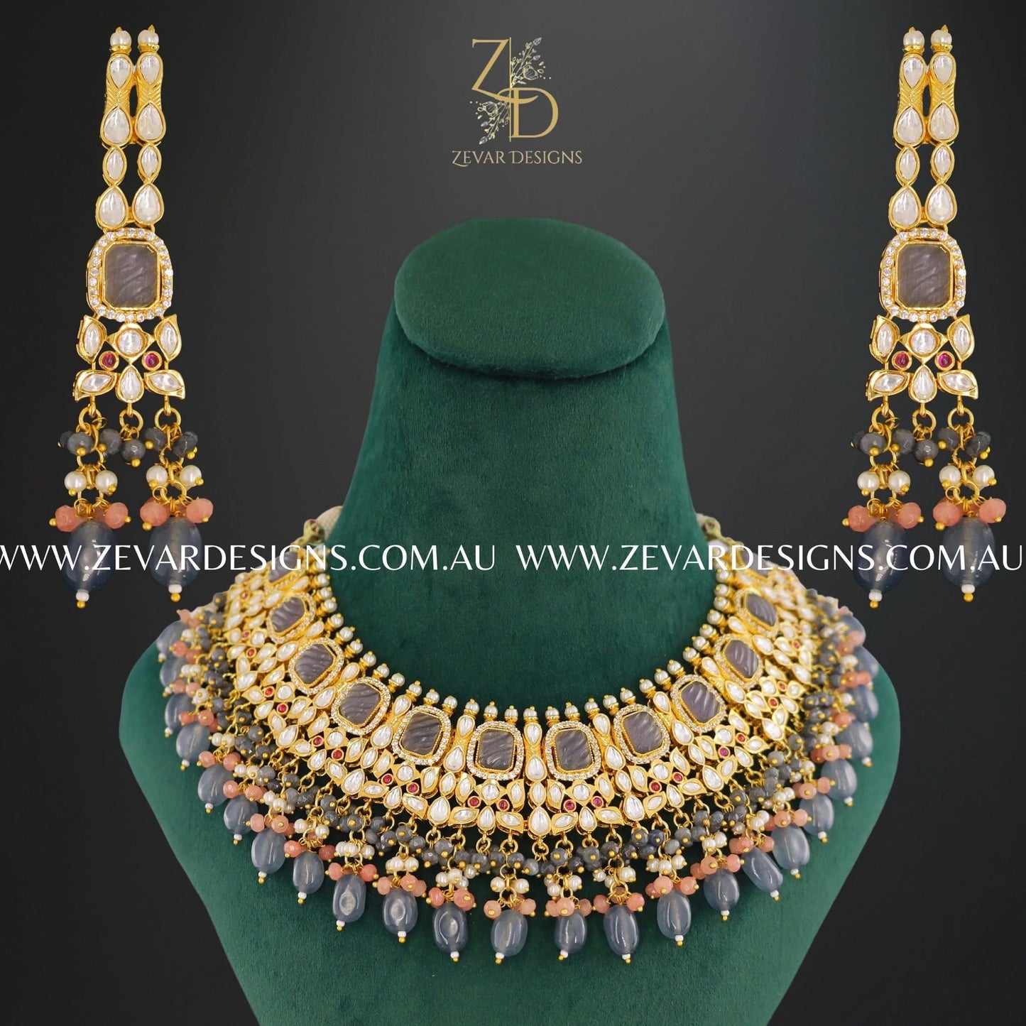 Zevar Designs Designer Necklace Sets Kundan Polki Necklace Set in Peach and Grey