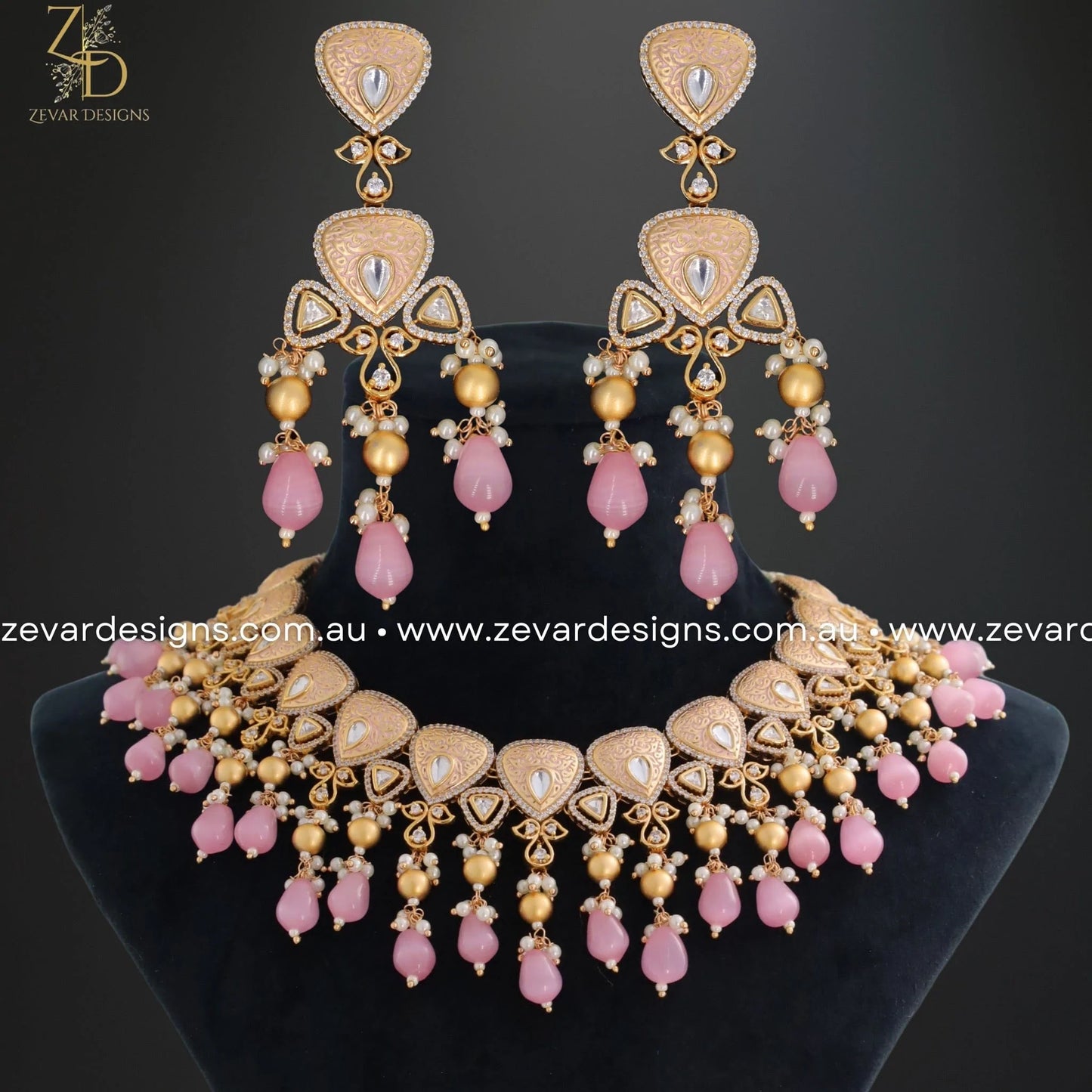 Zevar Designs Necklace Sets Kundan Polki Necklace Set with Meena - Pink