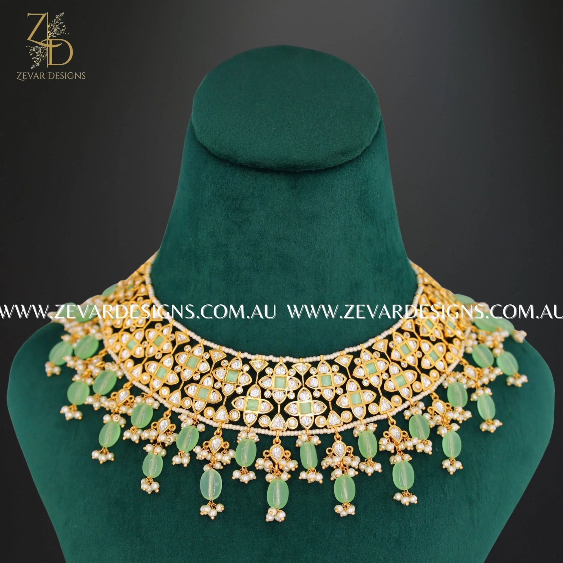 Zevar Designs Designer Necklace Sets Kundan Polki Necklace Set with Tikka - Mint Green