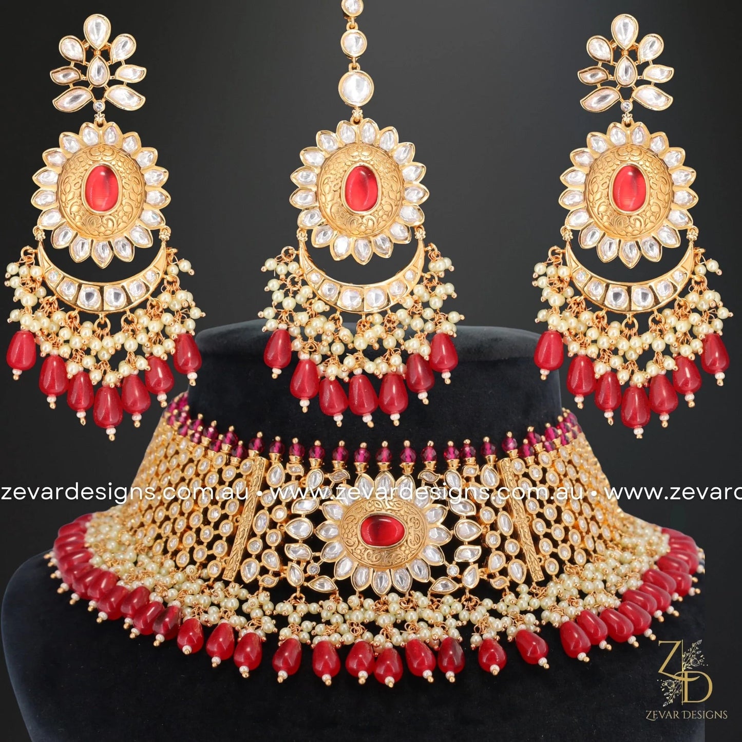 Zevar Designs Designer Necklace Sets Kundan Polki Necklace Set with Tikka - Red