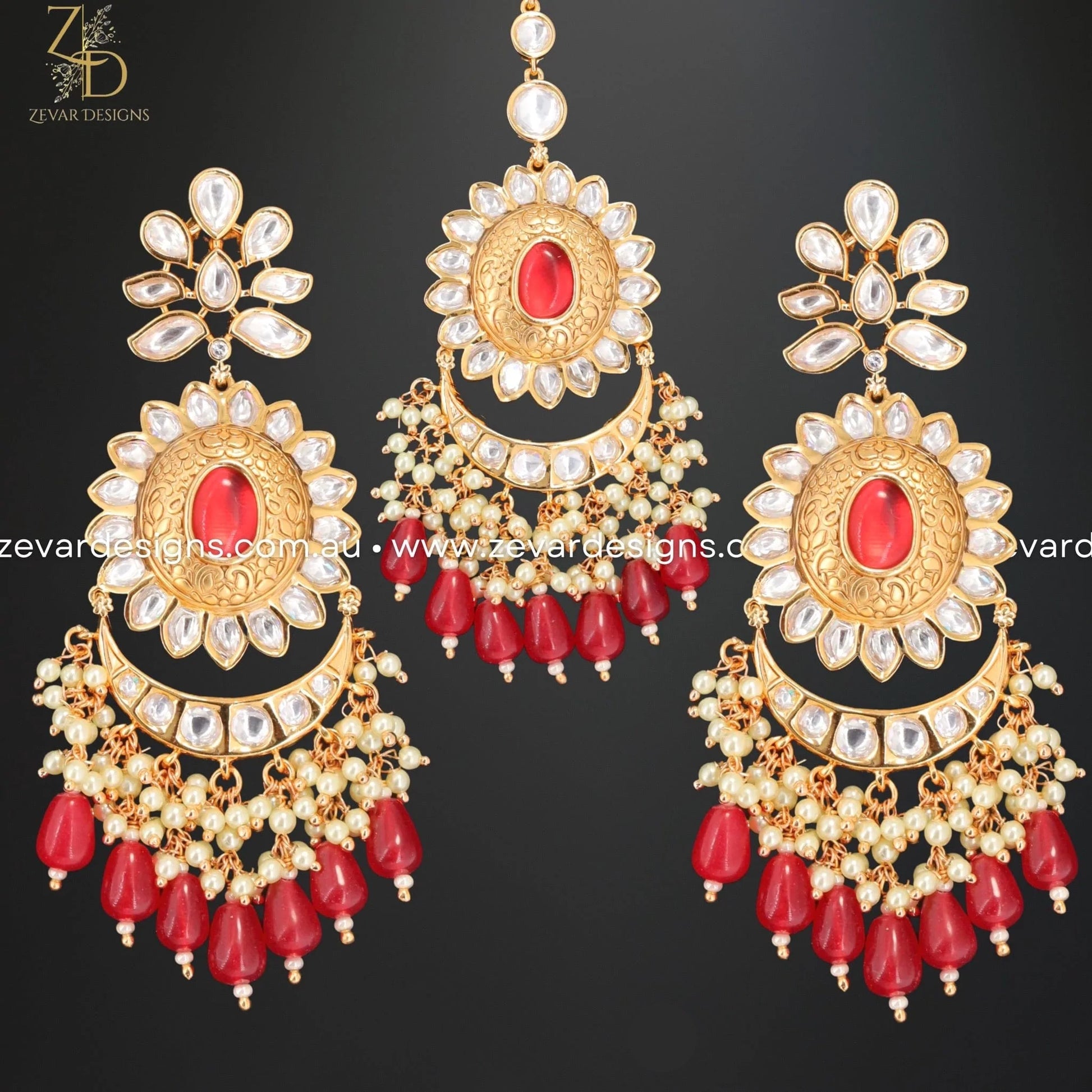 Zevar Designs Designer Necklace Sets Kundan Polki Necklace Set with Tikka - Red