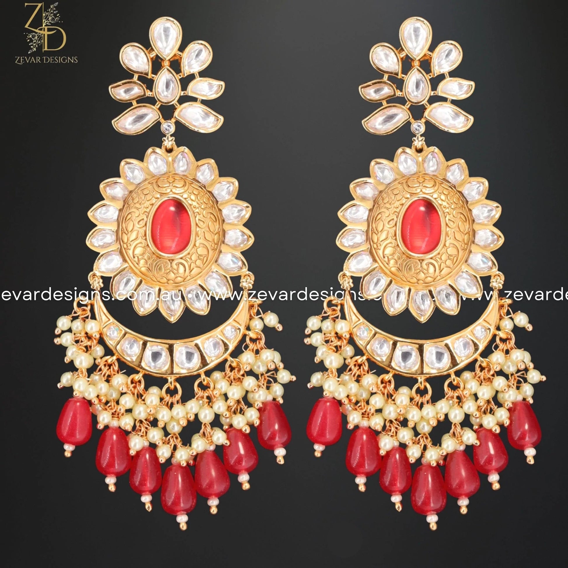 Zevar Designs Designer Necklace Sets Kundan Polki Necklace Set with Tikka - Red