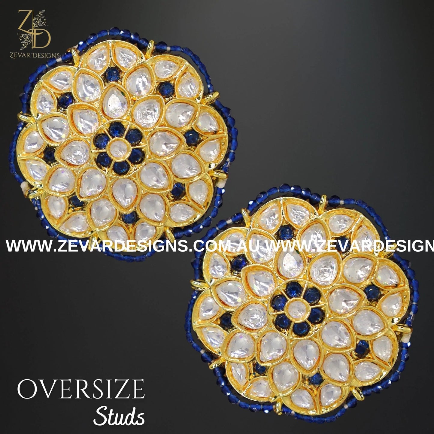 Zevar Designs Kundan Studs Kundan Polki Oversize Studs - Blue