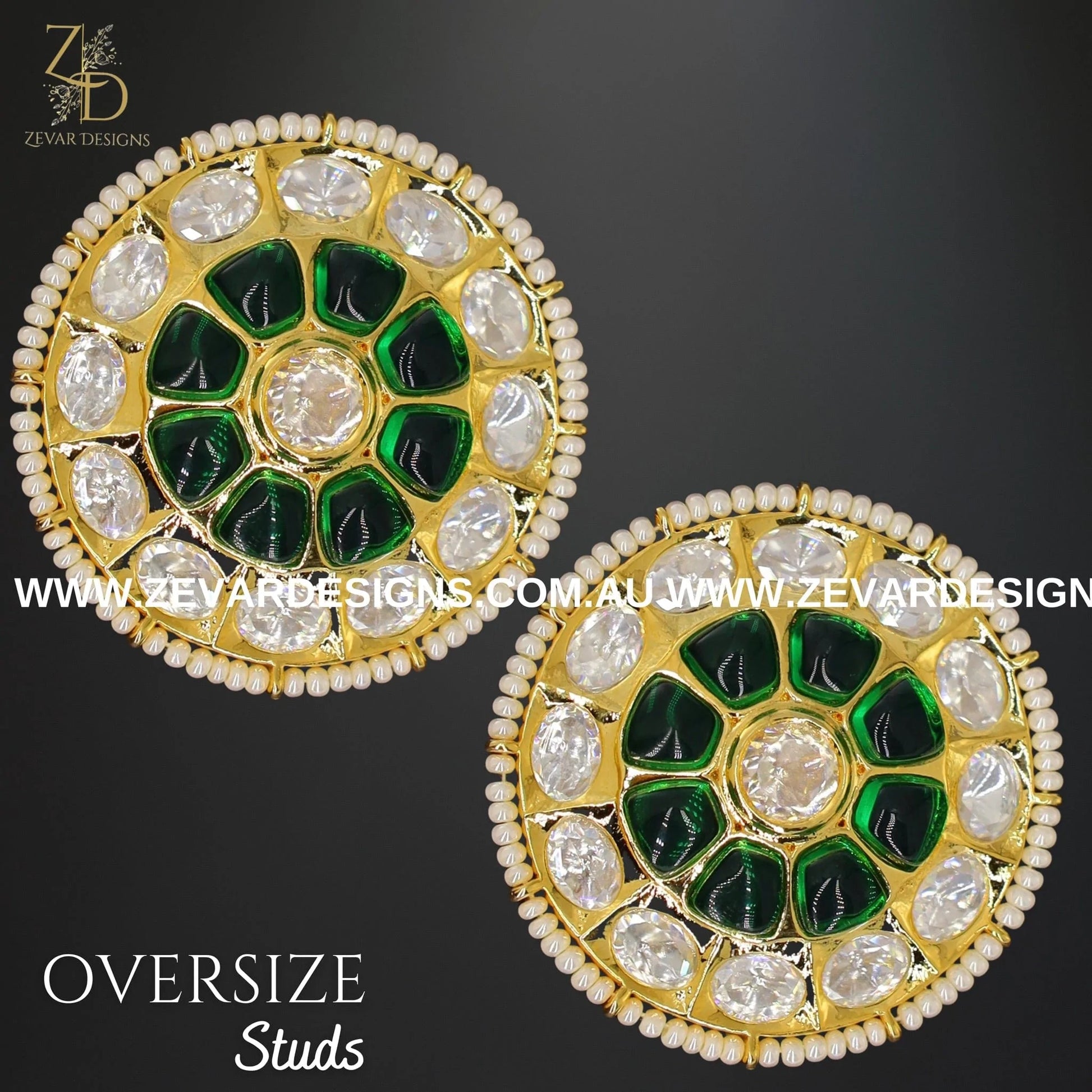 Zevar Designs Kundan Studs Kundan Polki Oversize Studs - Green